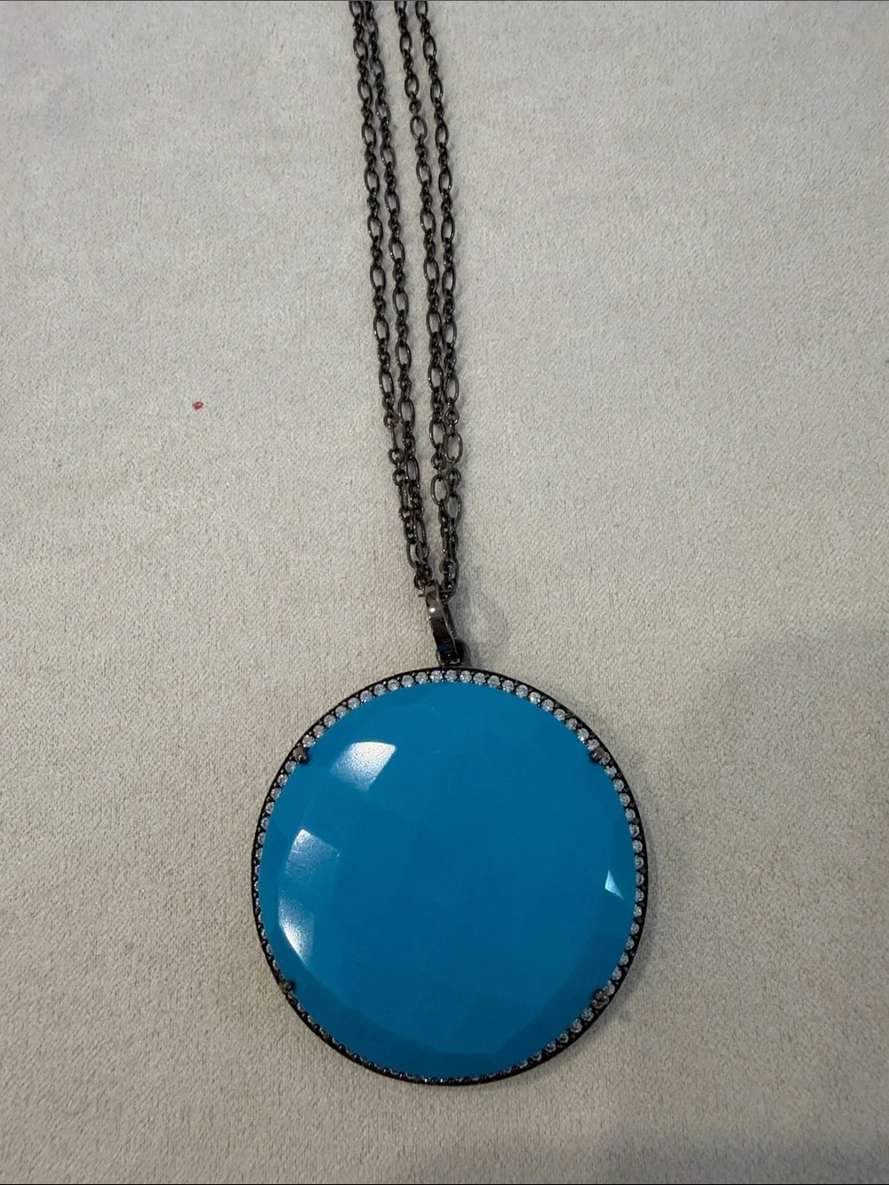 Susan Hanover Turquoise Pendant Necklace with Crystal Halo & 30” double chain